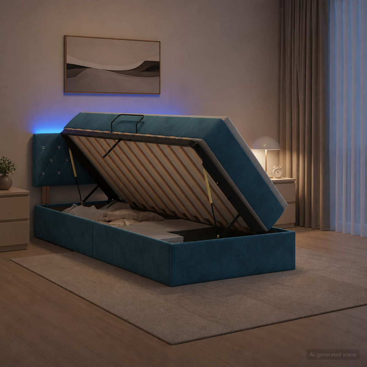 LED opbevarings seng med madras Mørk blå 90 x 190 cm Fløjl