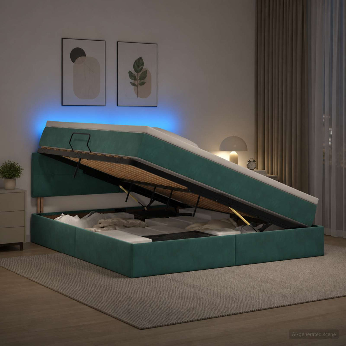 LED opbevarings seng med madras Mørkegrøn 180 x 200 cm Fløjl