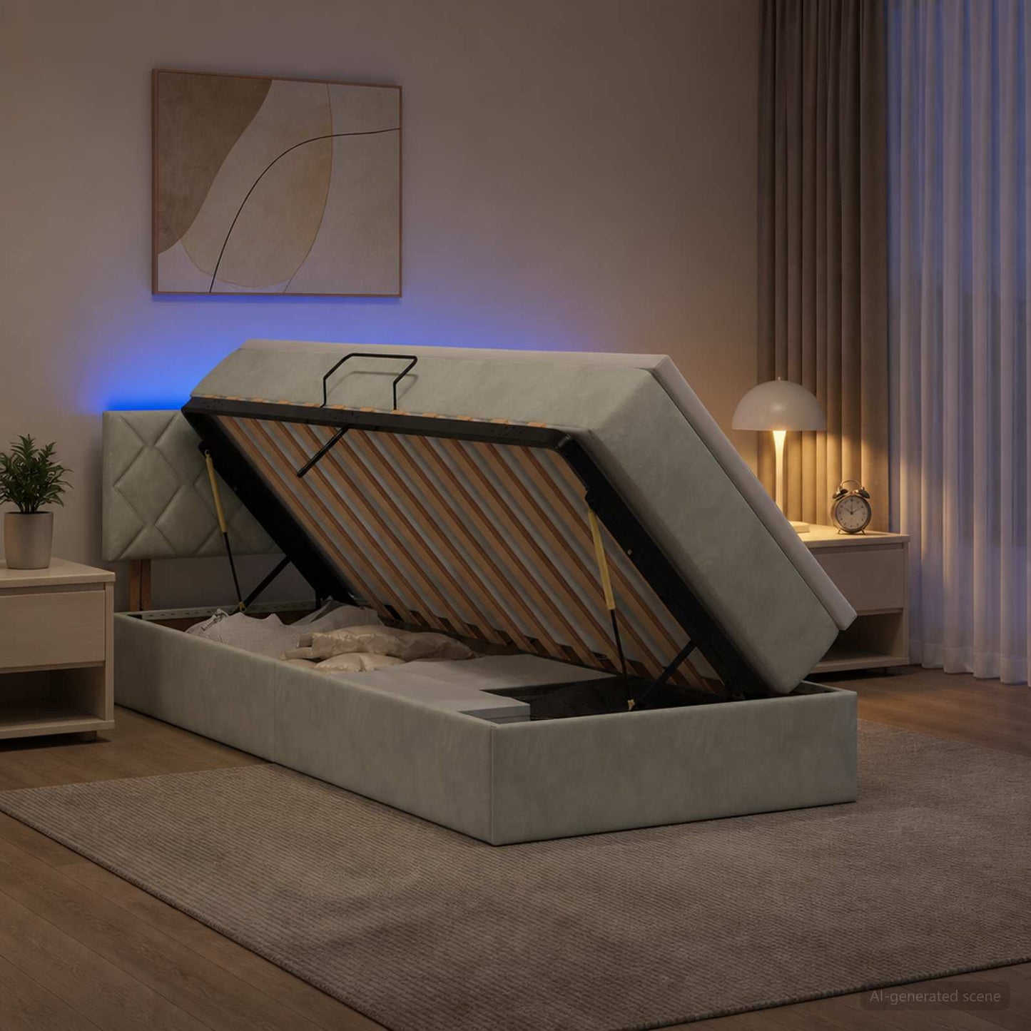 LED opbevarings seng med madras Lysegrå 90 x 190 cm Fløjl