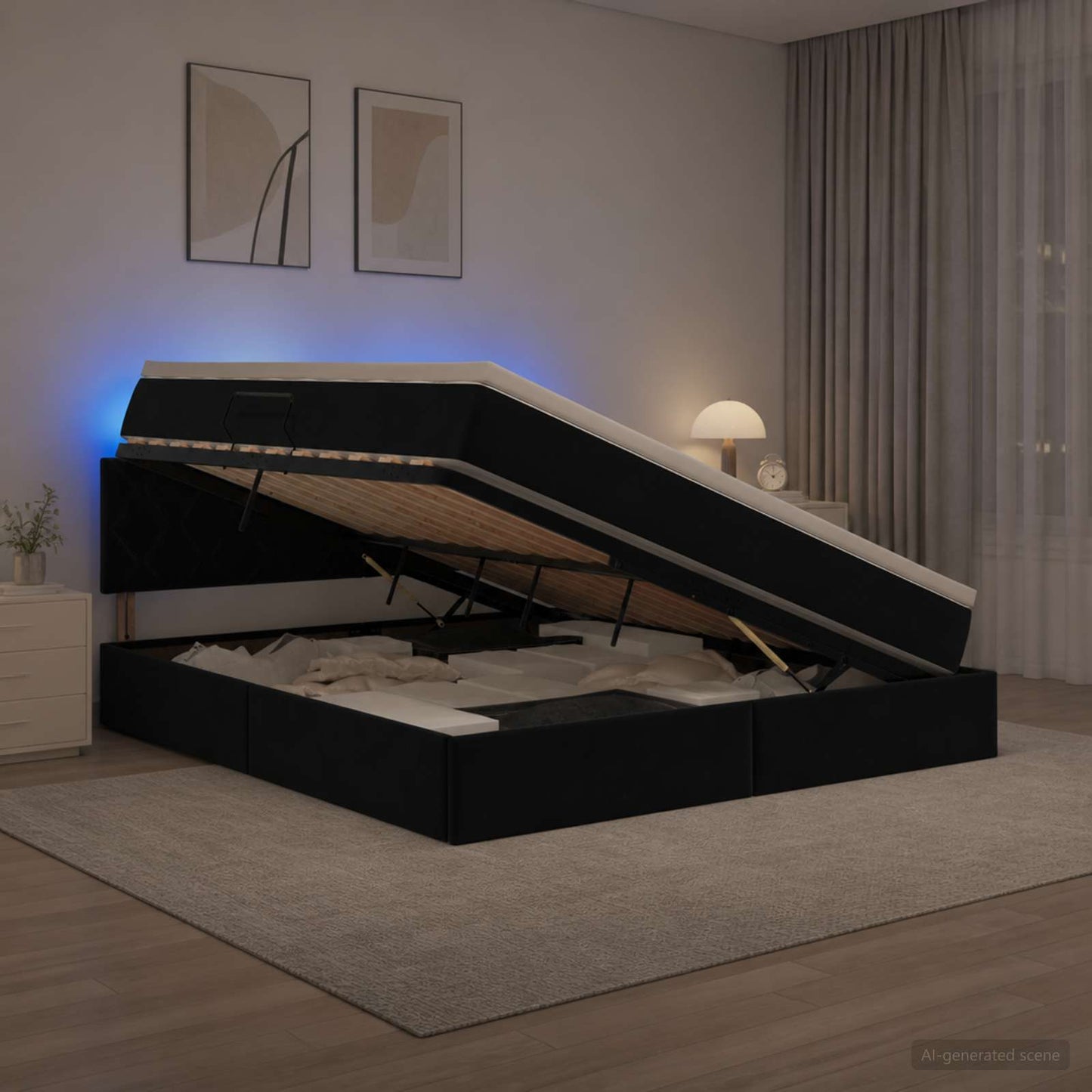 LED opbevarings seng med madras Sort 180 x 200 cm Fløjl