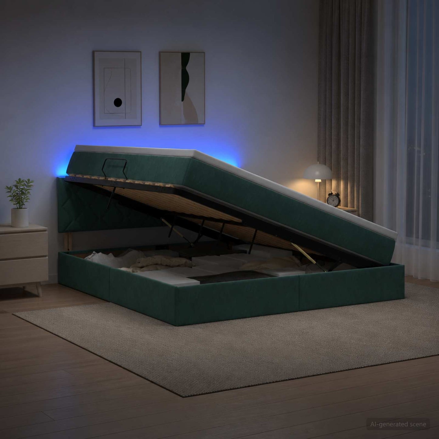LED opbevarings seng med madras Mørkegrøn 140 x 200 cm Fløjl