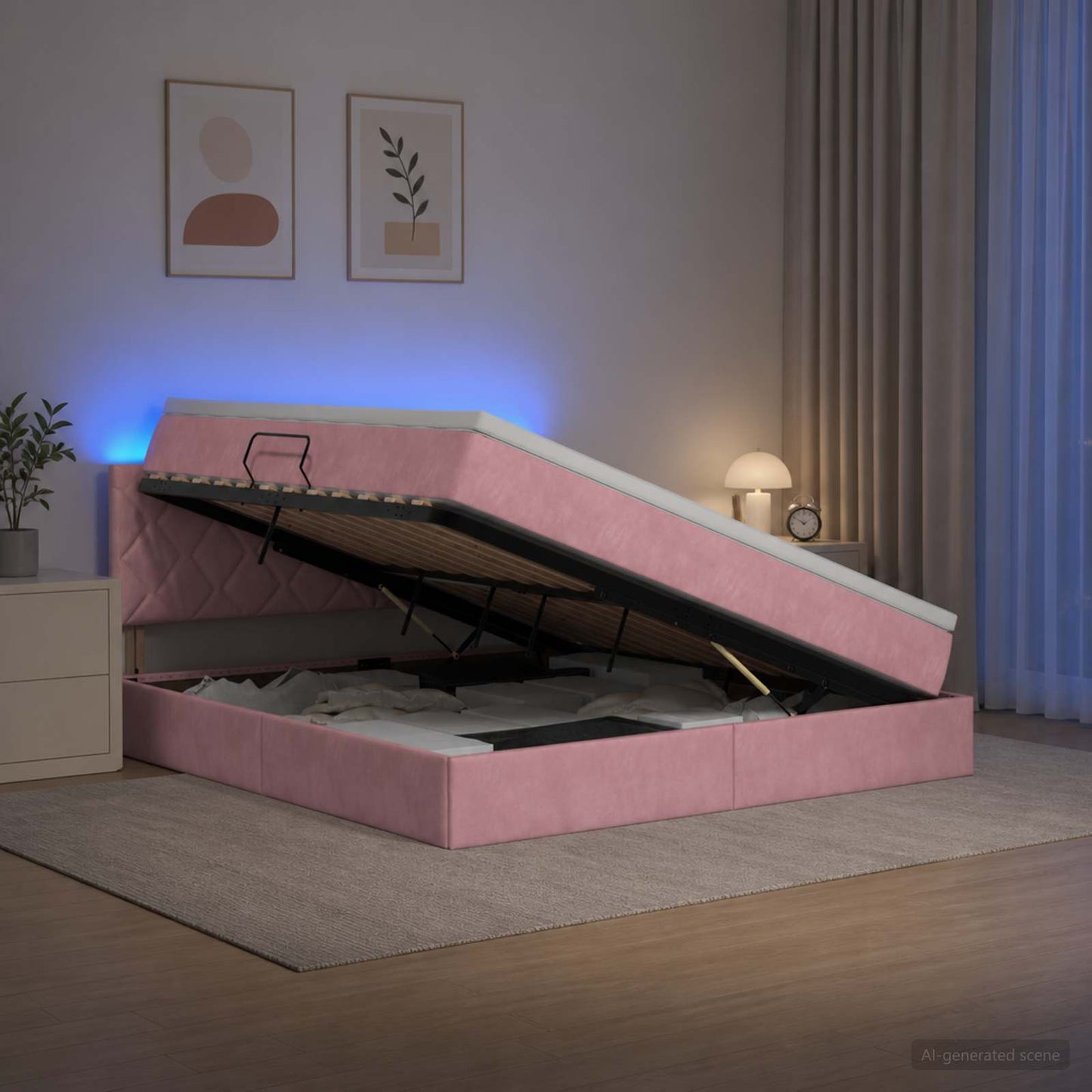 LED opbevarings seng med madras Lyserød 180 x 200 cm Fløjl