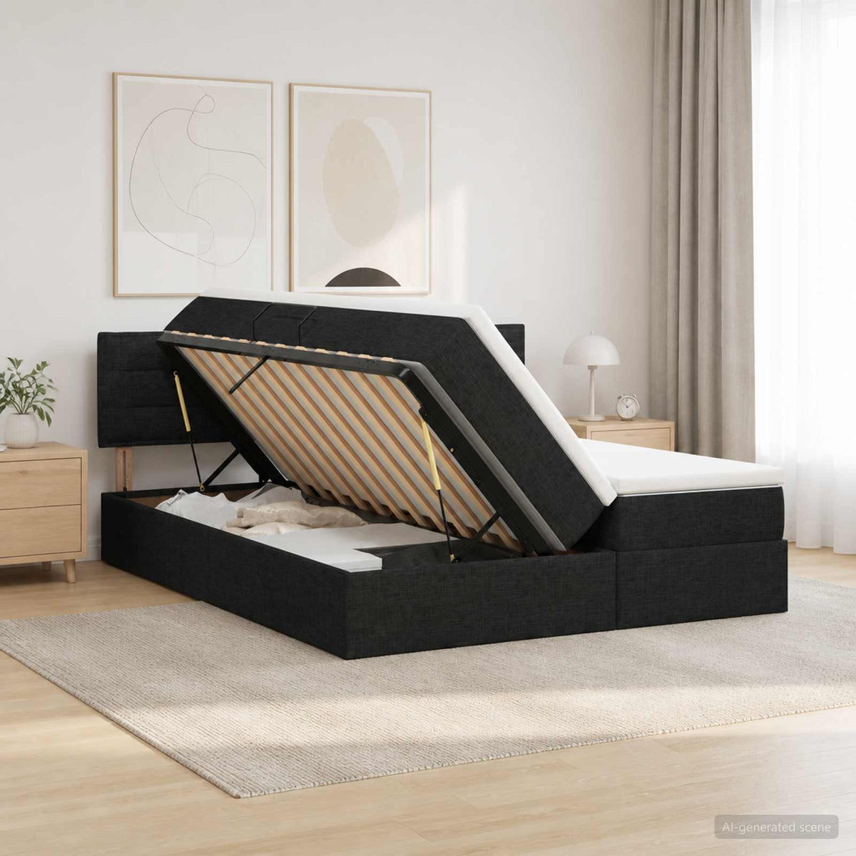 LED opbevarings seng med madras Sort 200 x 200 cm Stof