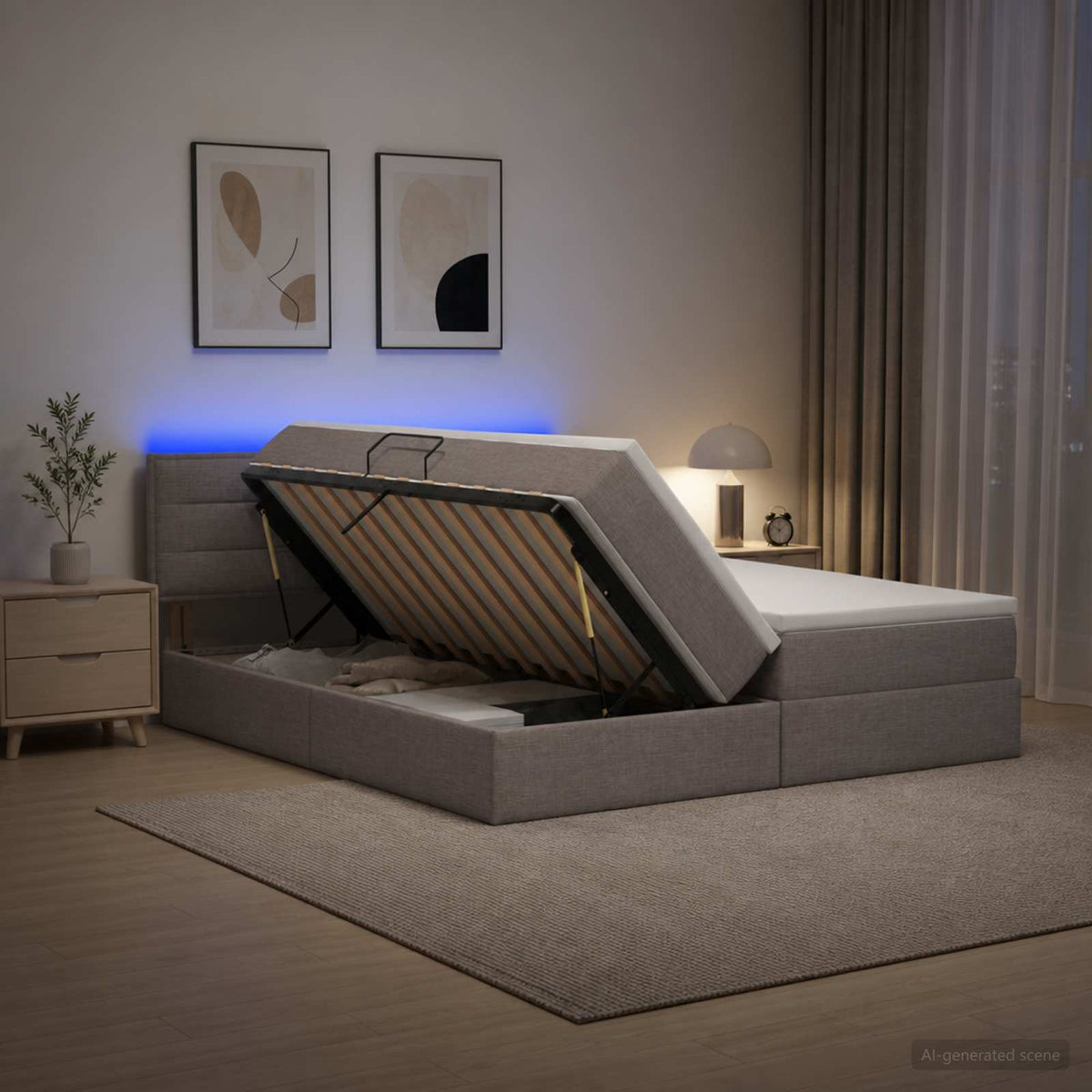 LED opbevarings seng med madras Gråbrun 180 x 200 cm Stof