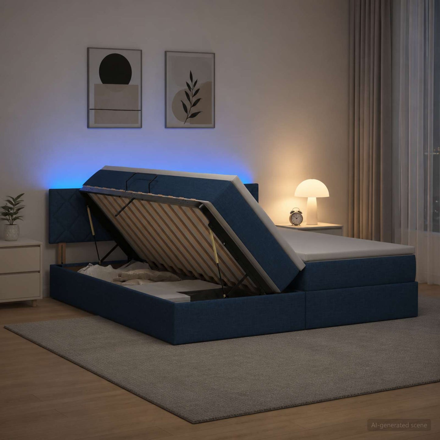 LED opbevarings seng med madras Blå 200 x 200 cm Stof