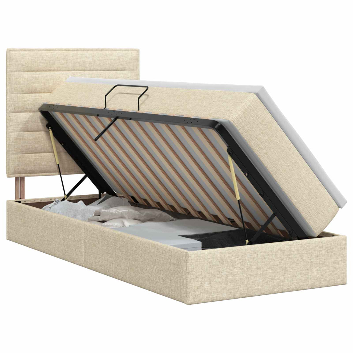 Seng med opbevaring og madras Cremefarvet 100 x 200 cm Stof