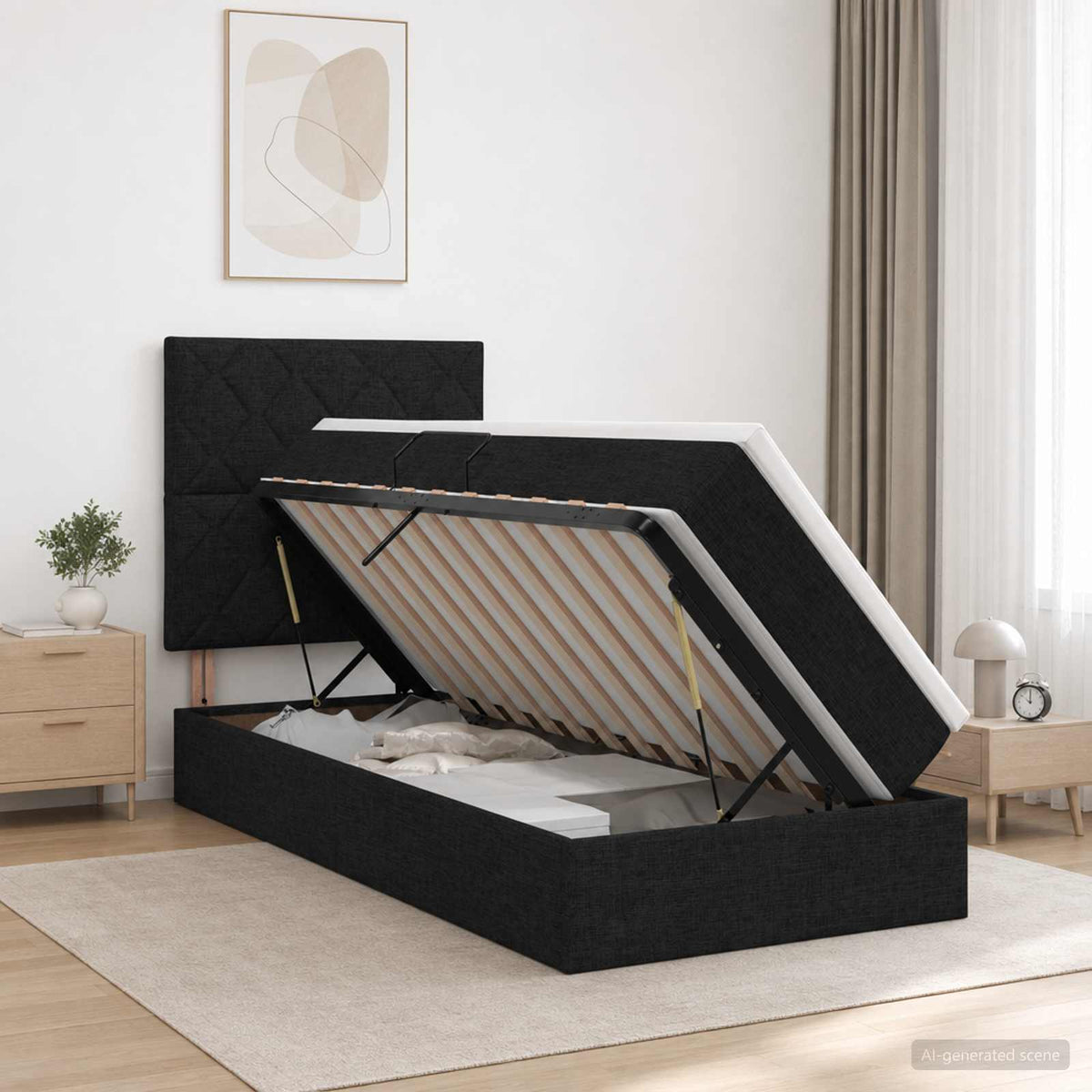 Seng med opbevaring og madras Sort 90 x 190 cm Stof