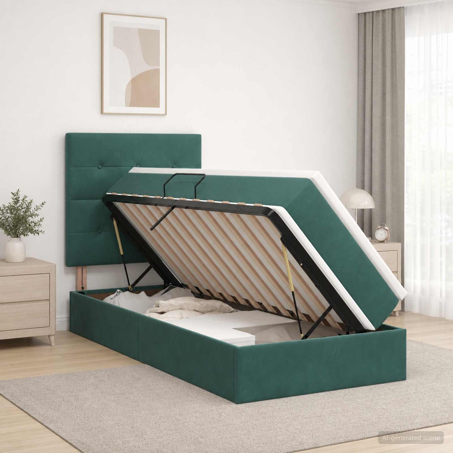 Seng med opbevaring og madras Mørkegrøn 100 x 200 cm Fløjl