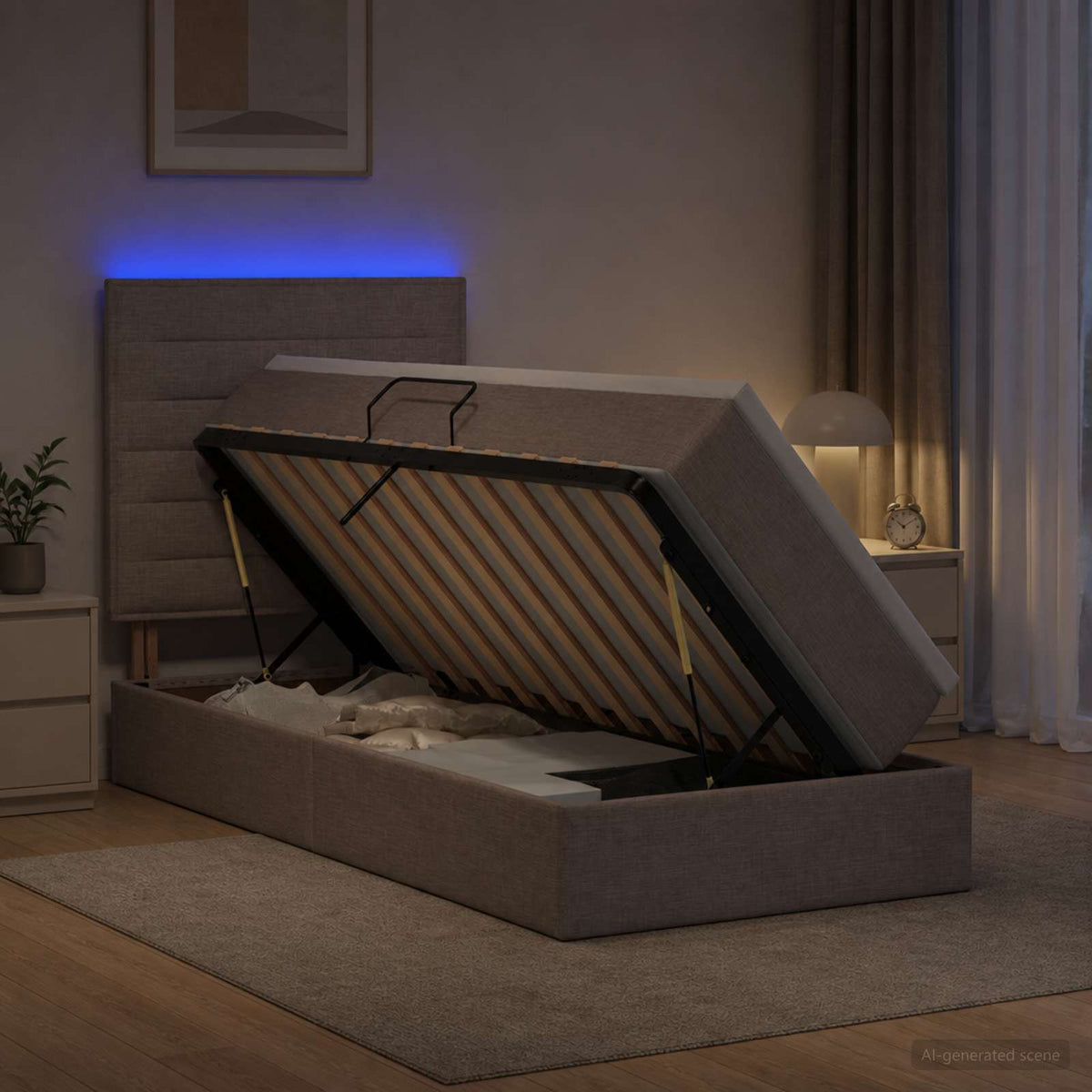 LED opbevarings seng med madras Gråbrun 90 x 200 cm Stof