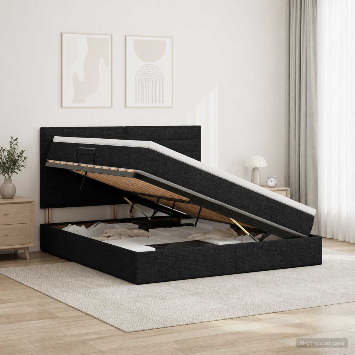 Seng med opbevaring og madras Sort 160 x 200 cm Stof