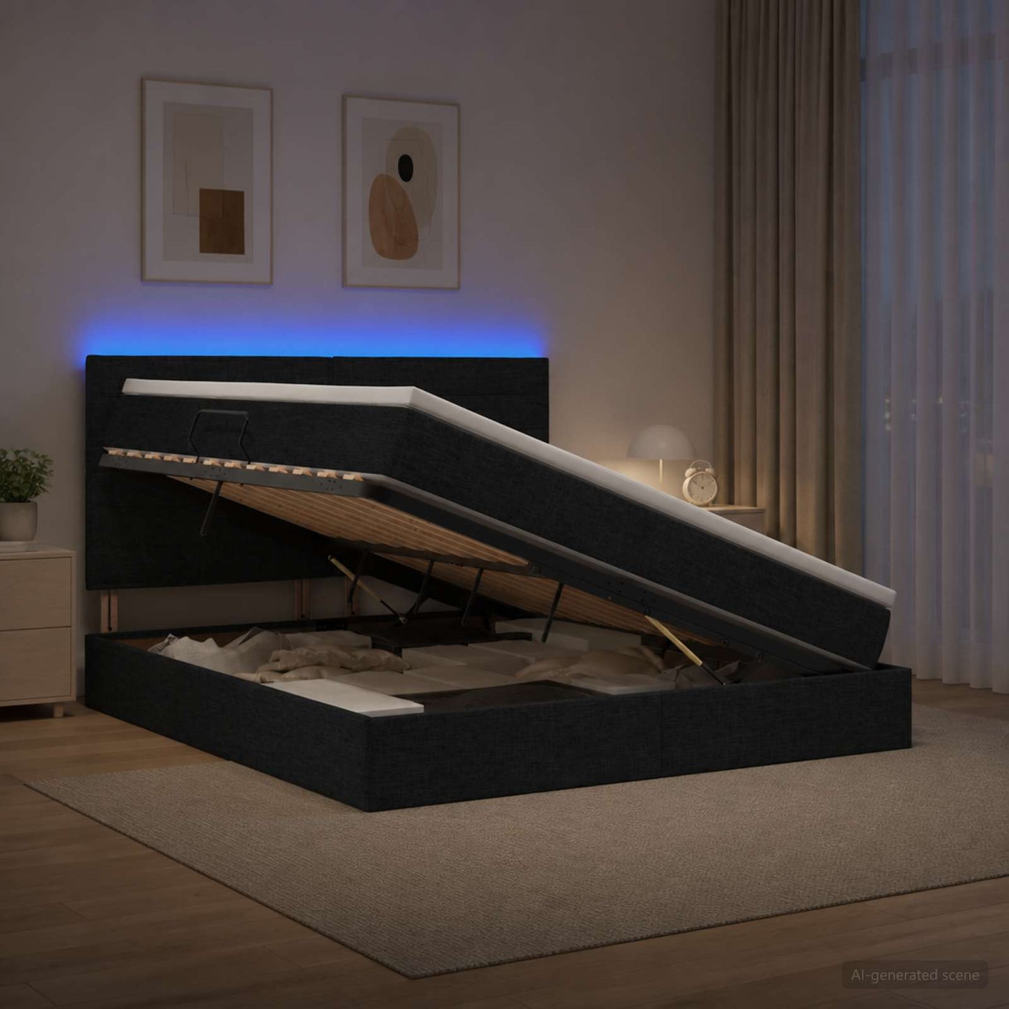 LED opbevarings seng med madras Sort 140 x 190 cm Stof