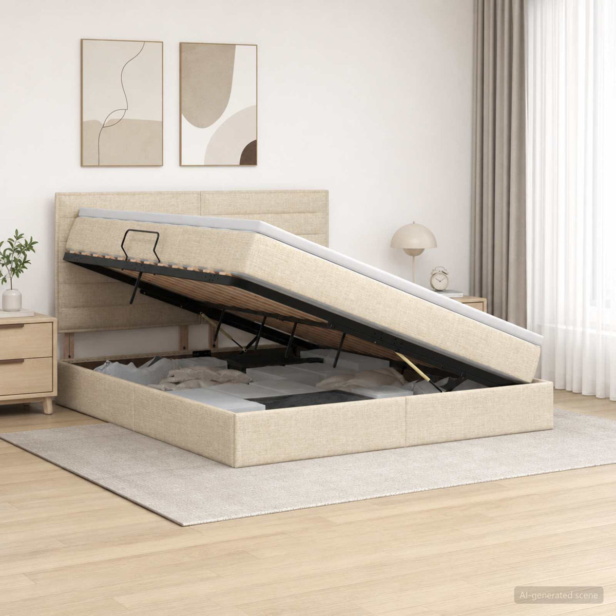Seng med opbevaring og madras Cremefarvet 180 x 200 cm Stof
