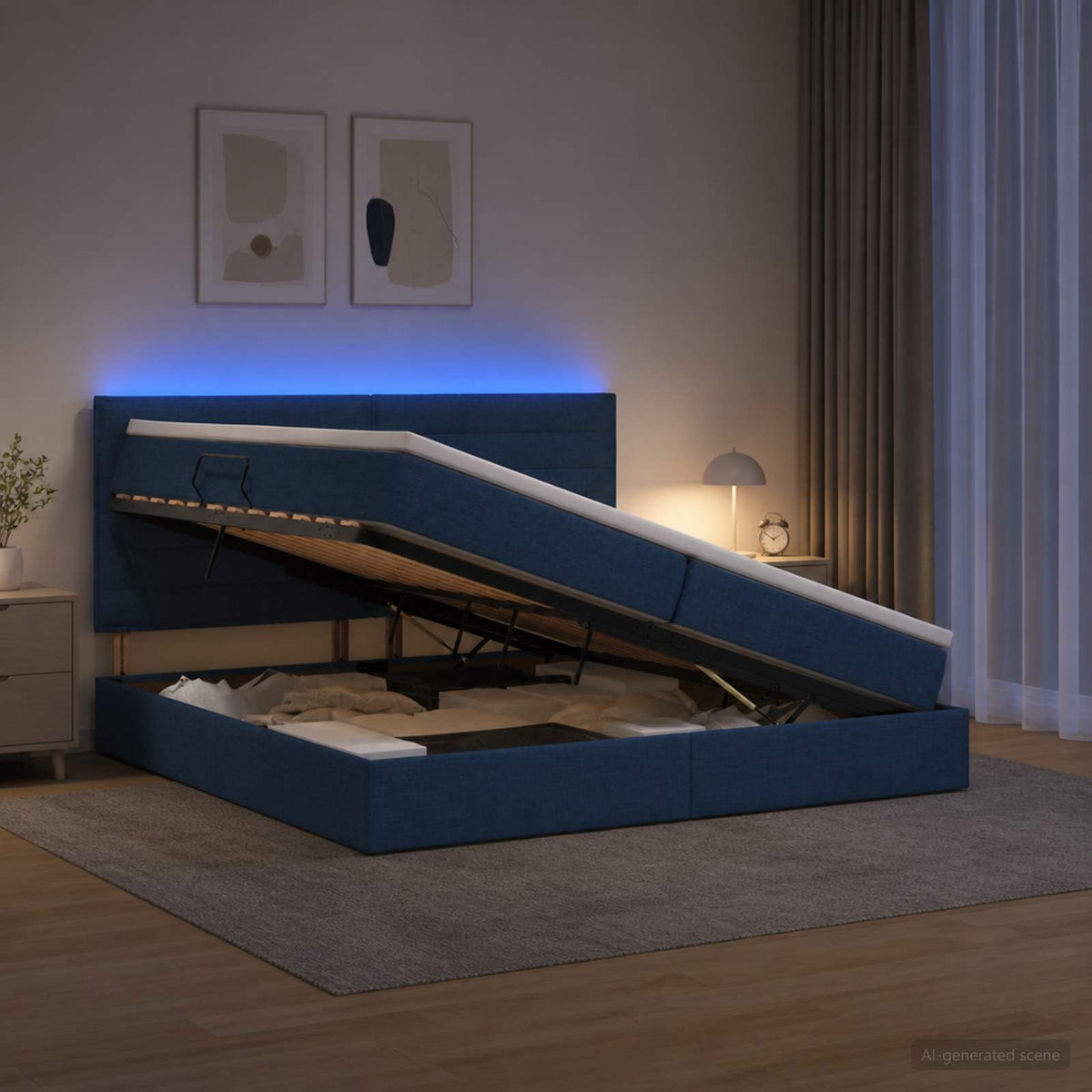 LED opbevarings seng med madras Blå 200 x 200 cm Stof