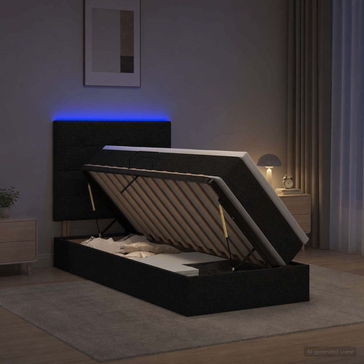 LED opbevarings seng med madras Sort 90 x 200 cm Stof