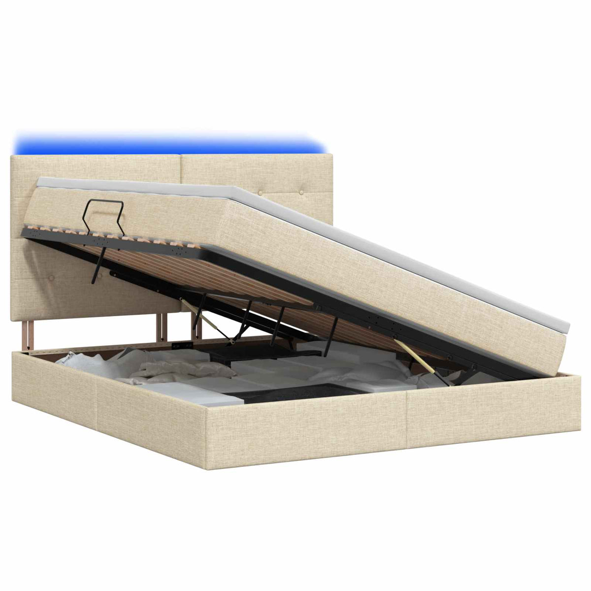 LED opbevarings seng med madras Cremefarvet 160 x 200 cm Stof