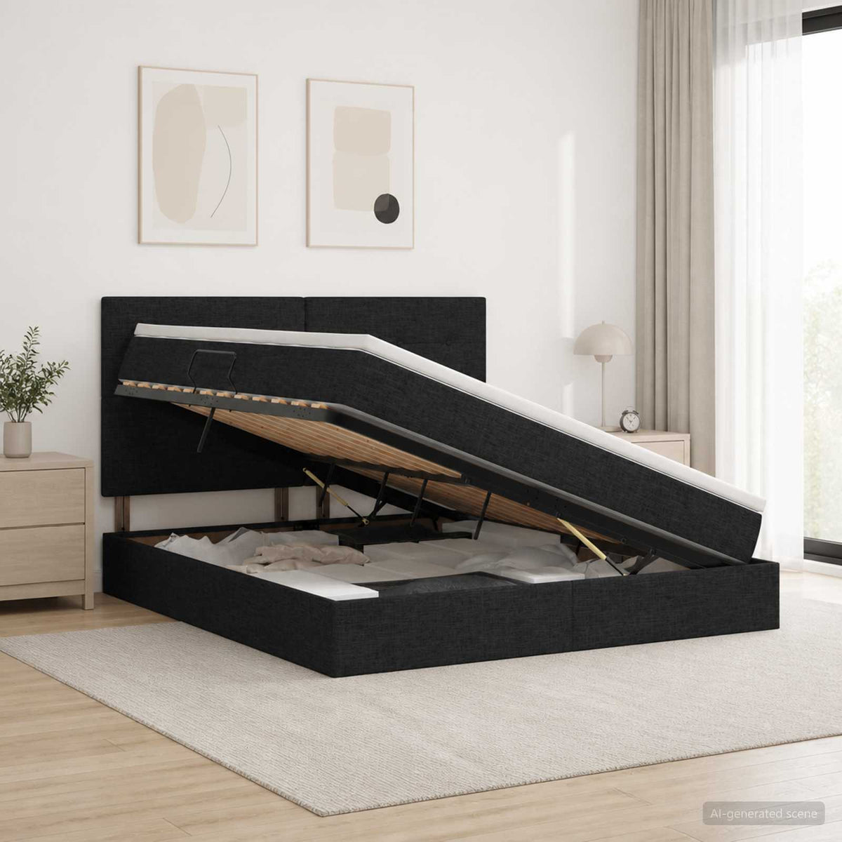 LED opbevarings seng med madras Sort 160 x 200 cm Stof