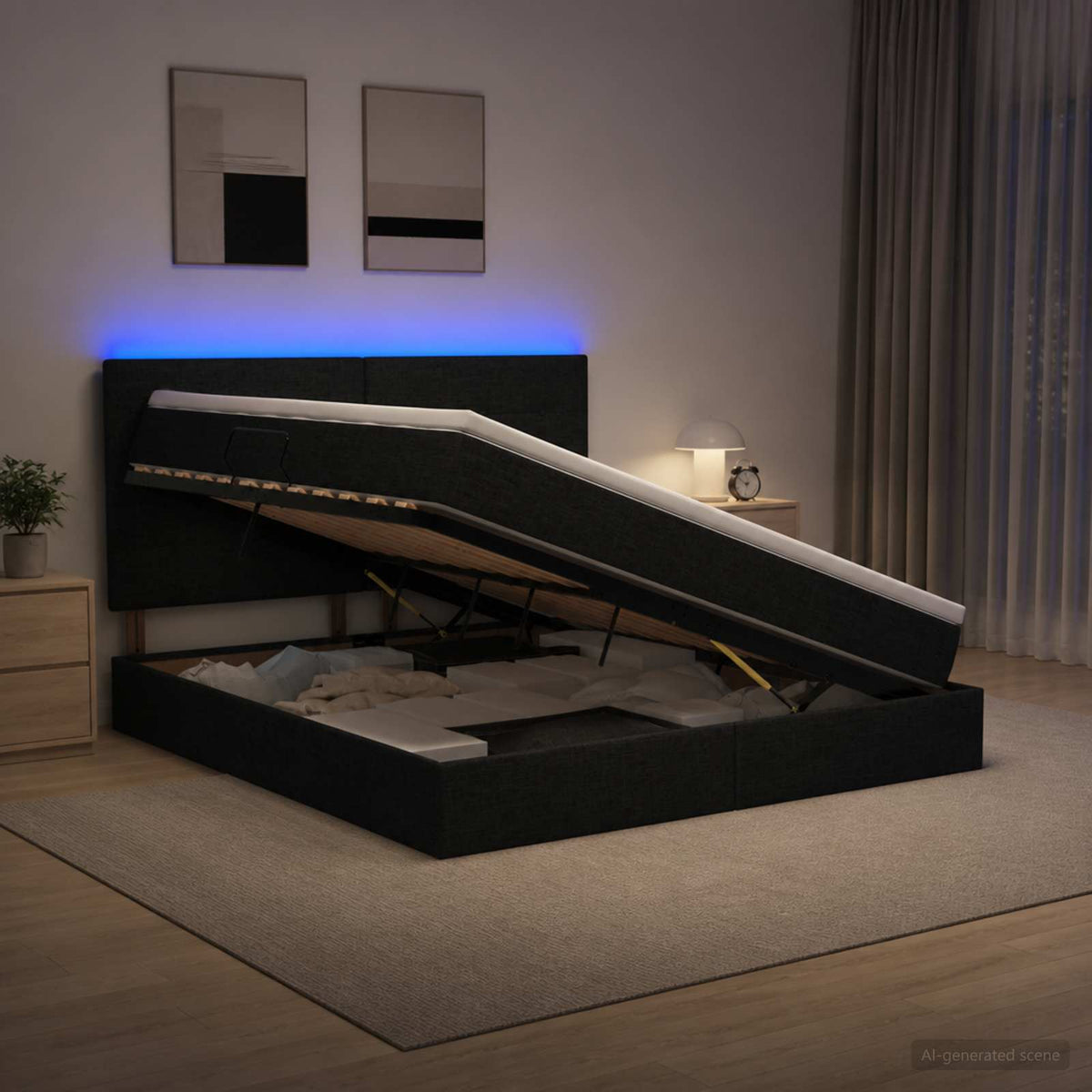 LED opbevarings seng med madras Sort 160 x 200 cm Stof