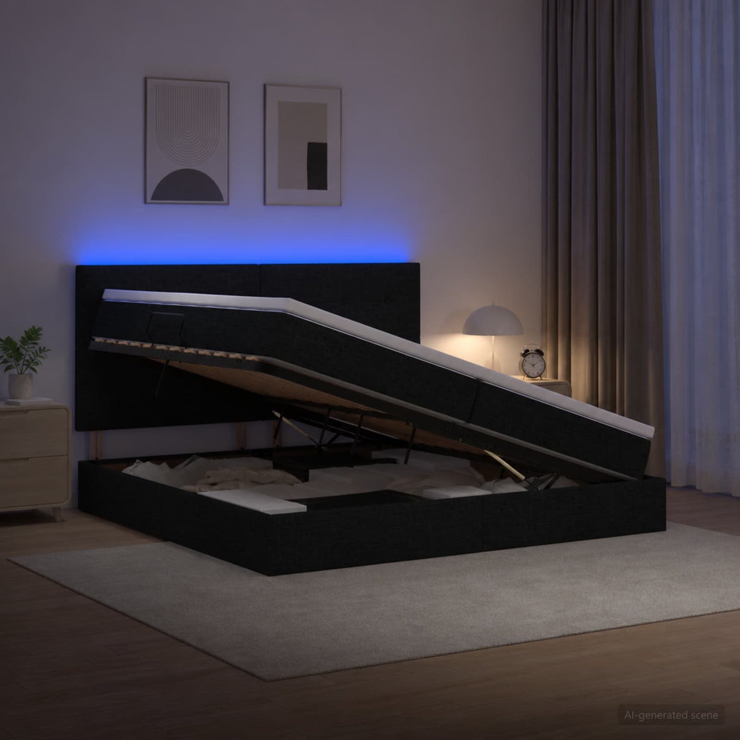 LED opbevarings seng med madras Sort 200 x 200 cm Stof