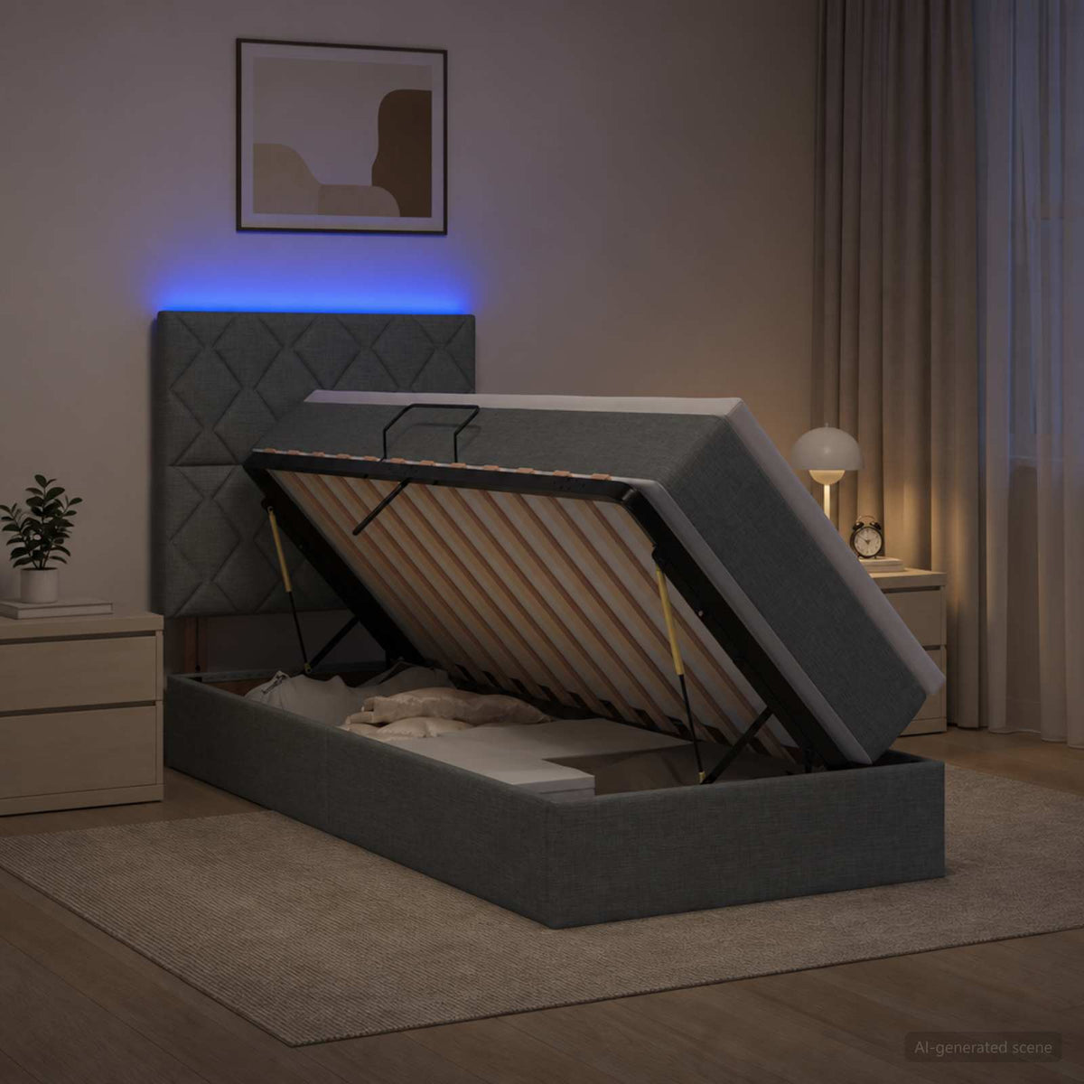LED opbevarings seng med madras Mørkegrå 90 x 200 cm Stof