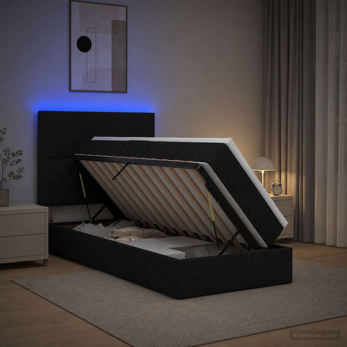 LED opbevarings seng med madras Sort 100 x 200 cm Stof