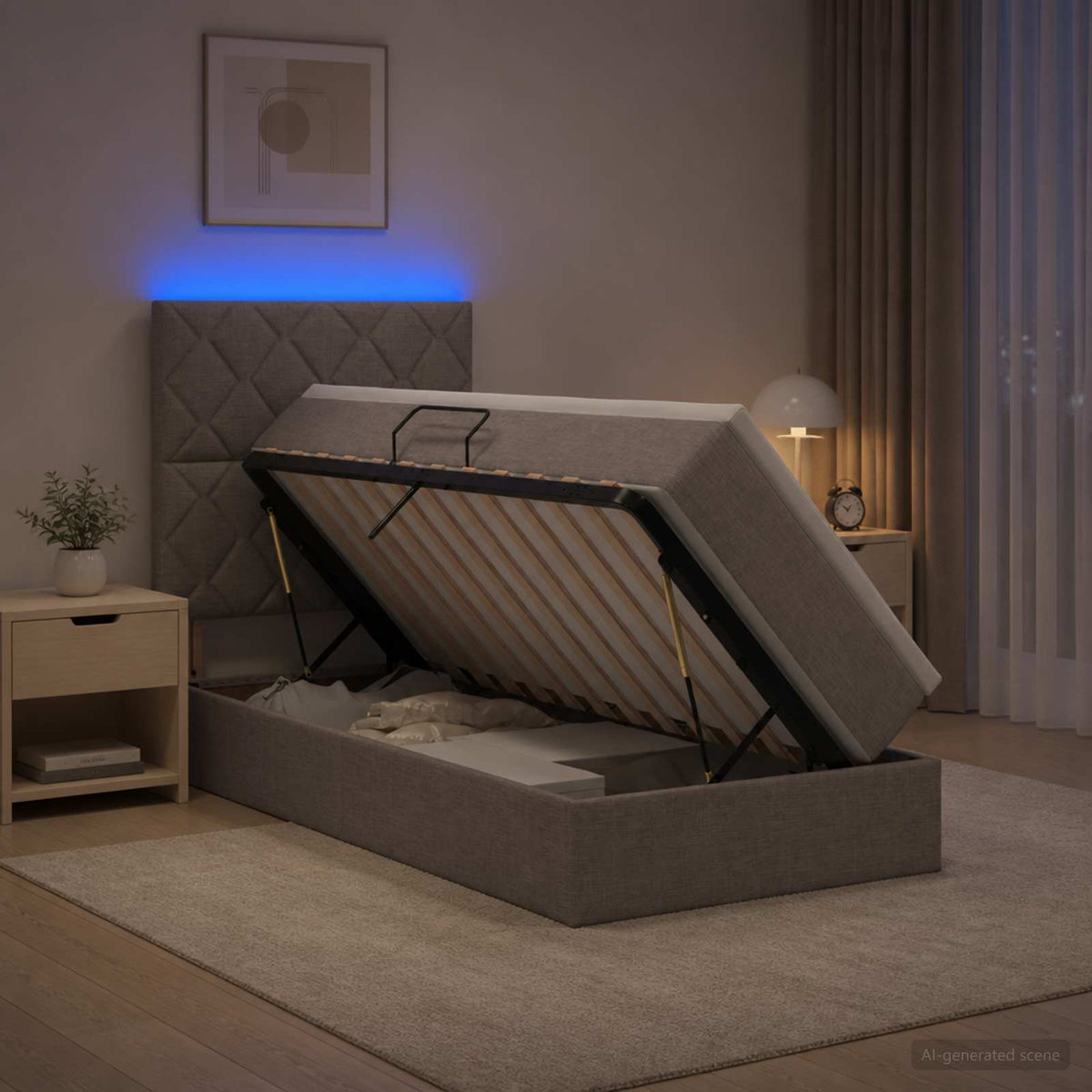 LED opbevarings seng med madras Gråbrun 90 x 200 cm Stof