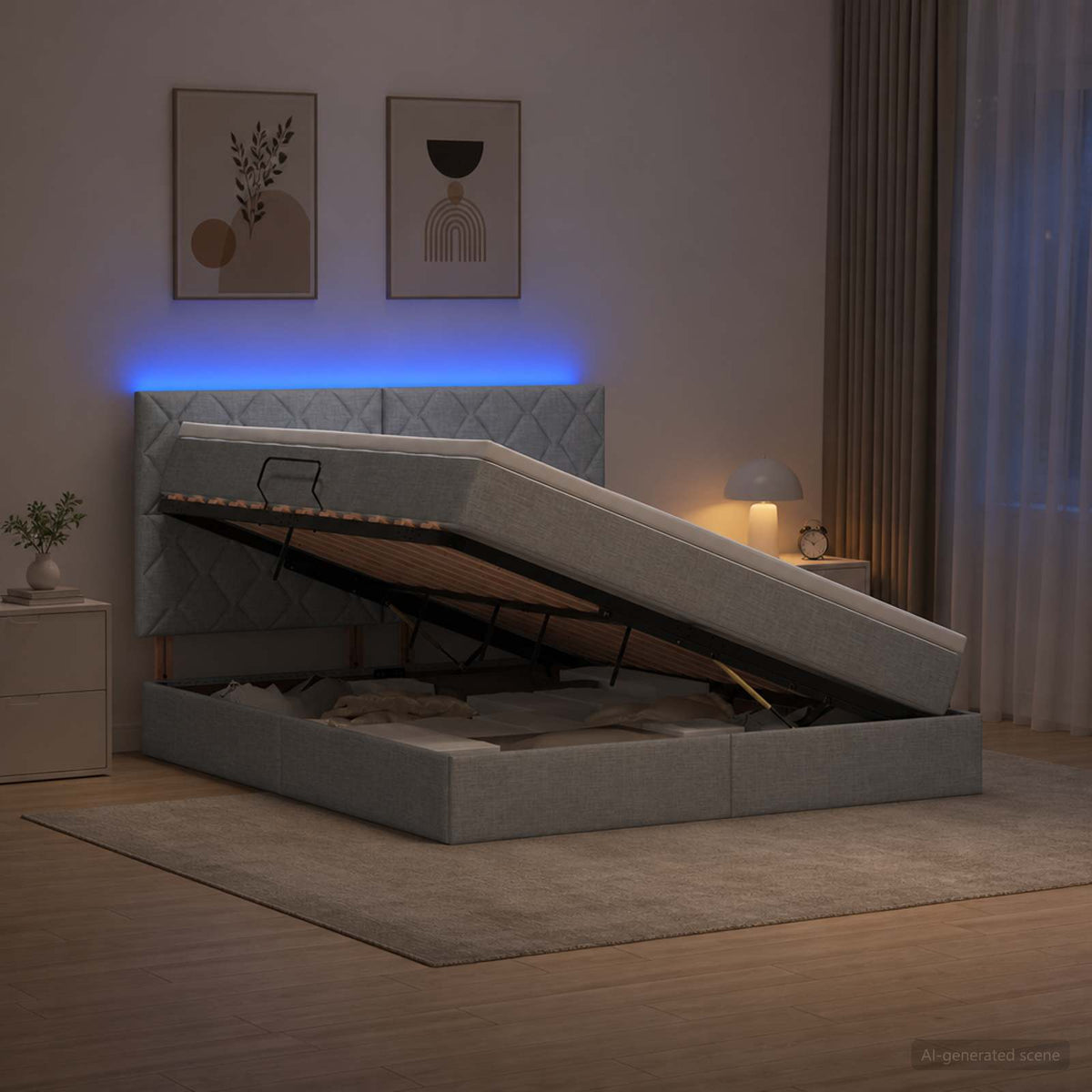 LED opbevarings seng med madras Lysegrå 180 x 200 cm Stof