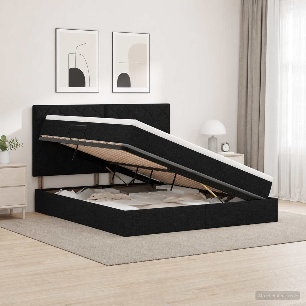 LED opbevarings seng med madras Sort 140 x 190 cm Stof