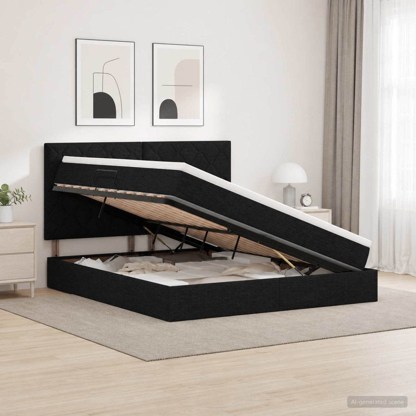 Seng med opbevaring og madras Sort 180 x 200 cm Stof