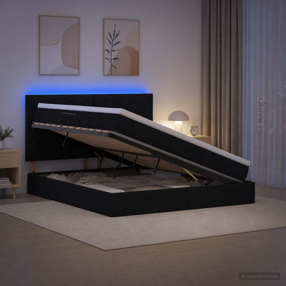 LED opbevarings seng med madras Sort 180 x 200 cm Stof