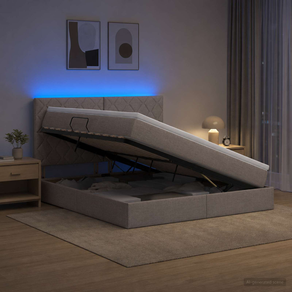 LED opbevarings seng med madras Gråbrun 140 x 200 cm Stof