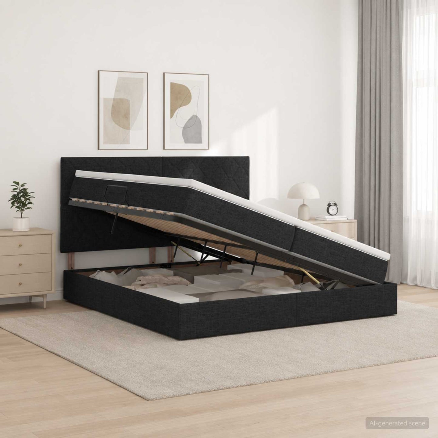 Seng med opbevaring og madras Sort 200 x 200 cm Stof
