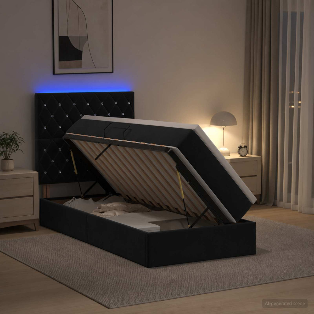 LED opbevarings seng med madras Sort 90 x 200 cm Fløjl