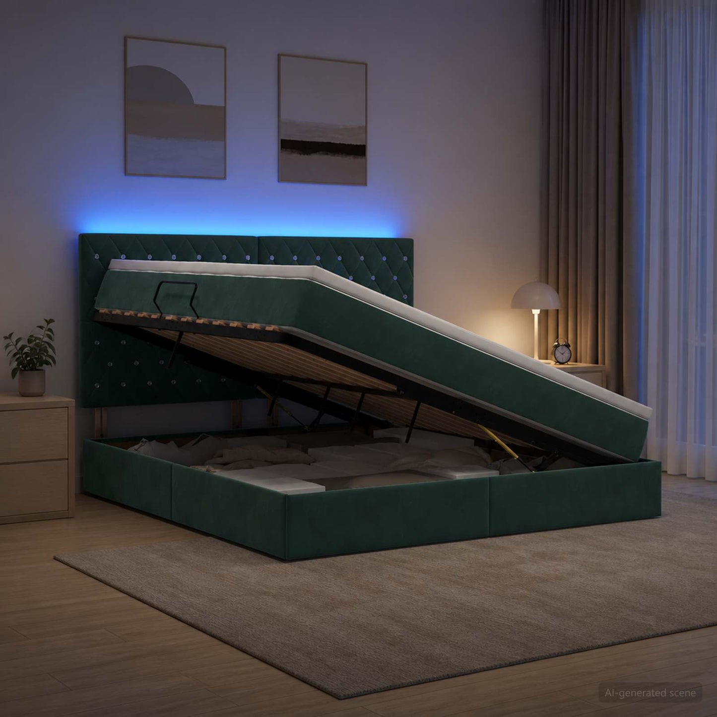 LED opbevarings seng med madras Mørkegrøn 140 x 200 cm Fløjl