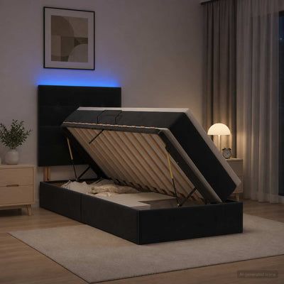 LED opbevarings seng med madras Sort 90 x 200 cm Fløjl