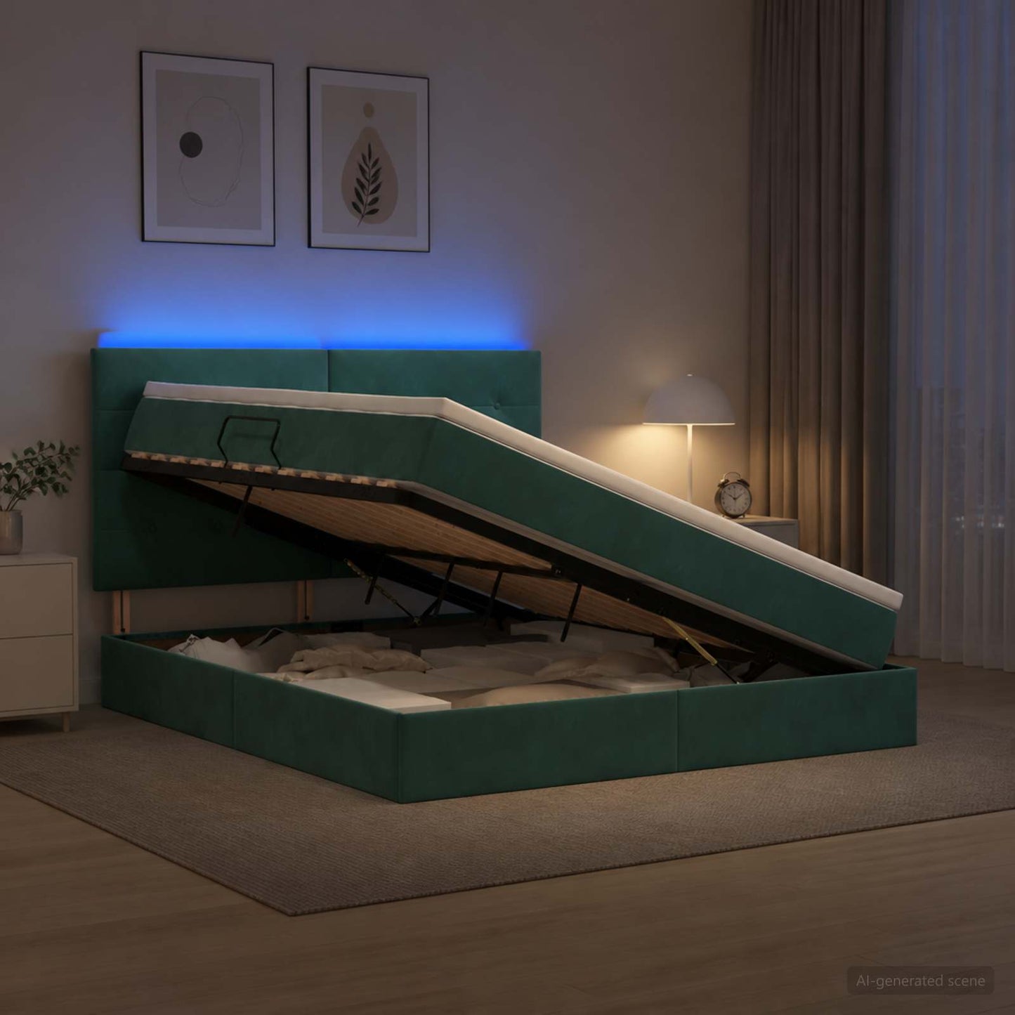 LED opbevarings seng med madras Mørkegrøn 140 x 200 cm Fløjl