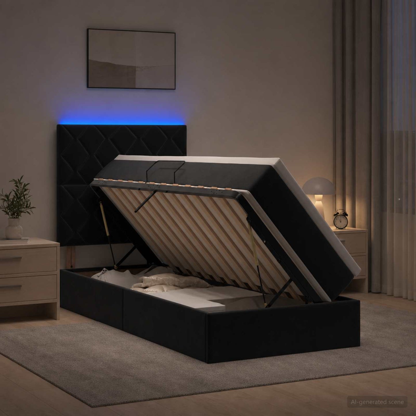 LED opbevarings seng med madras Sort 90 x 190 cm Fløjl