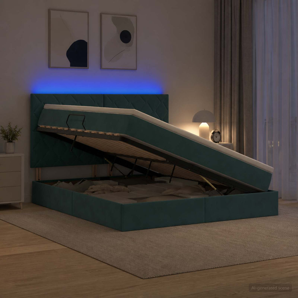 LED opbevarings seng med madras Mørkegrøn 140 x 200 cm Fløjl