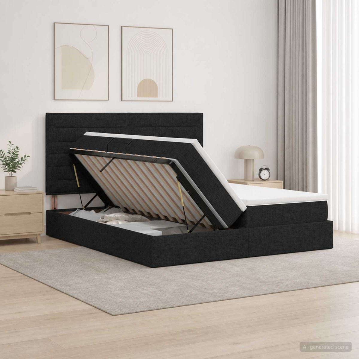 LED opbevarings seng med madras Sort 200 x 200 cm Stof