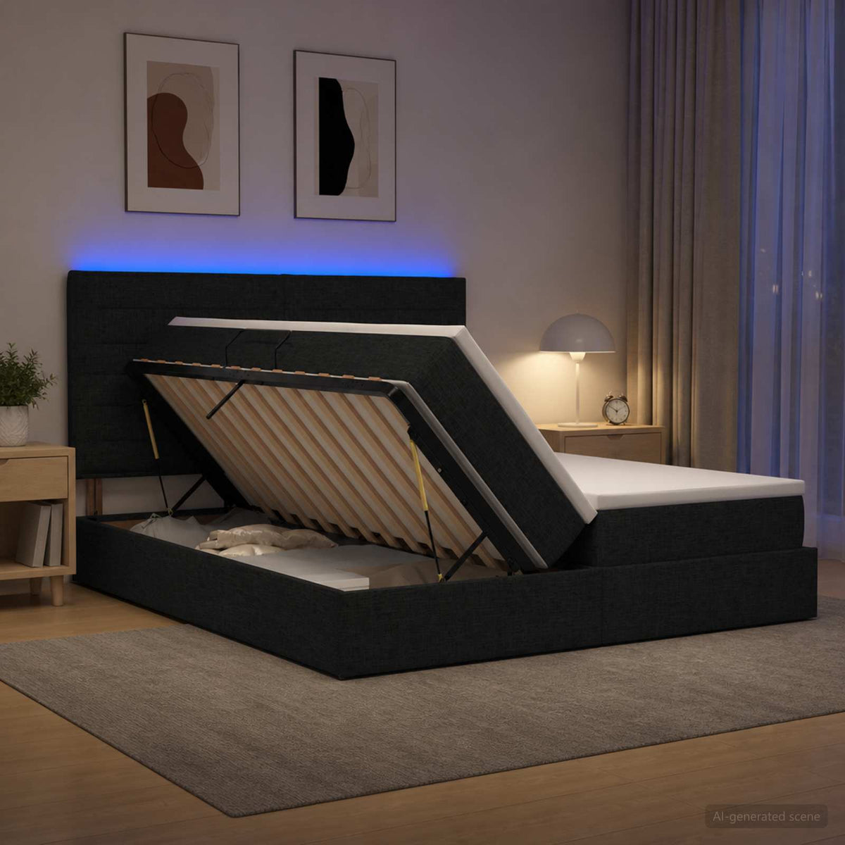 LED opbevarings seng med madras Sort 200 x 200 cm Stof