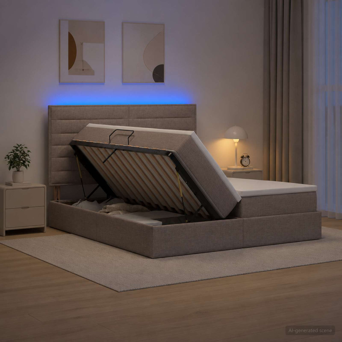 LED opbevarings seng med madras Gråbrun 180 x 200 cm Stof