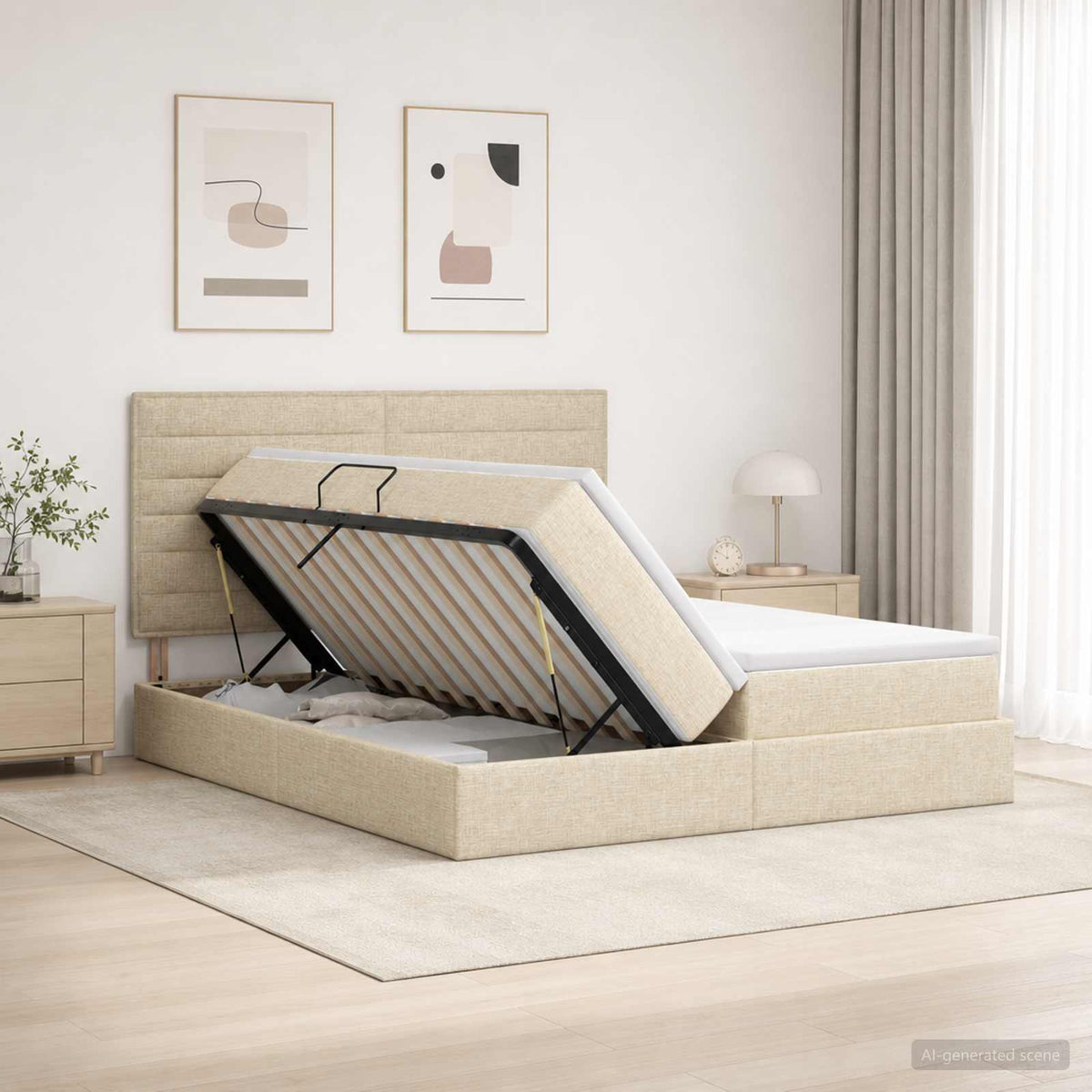 LED opbevarings seng med madras Cremefarvet 200 x 200 cm Stof
