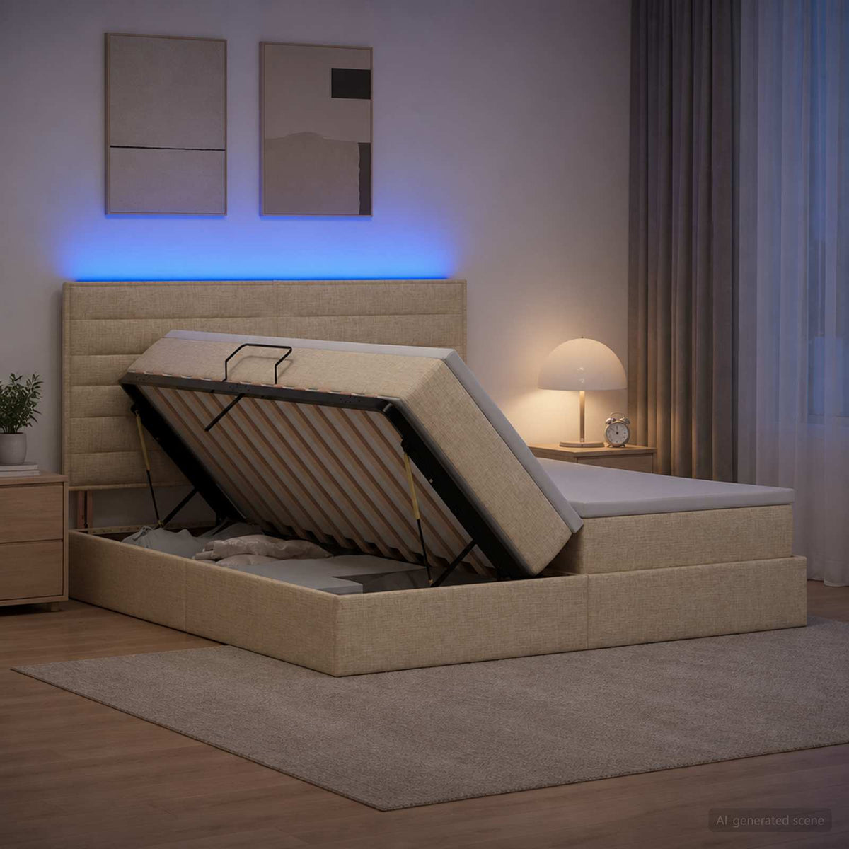 LED opbevarings seng med madras Cremefarvet 200 x 200 cm Stof