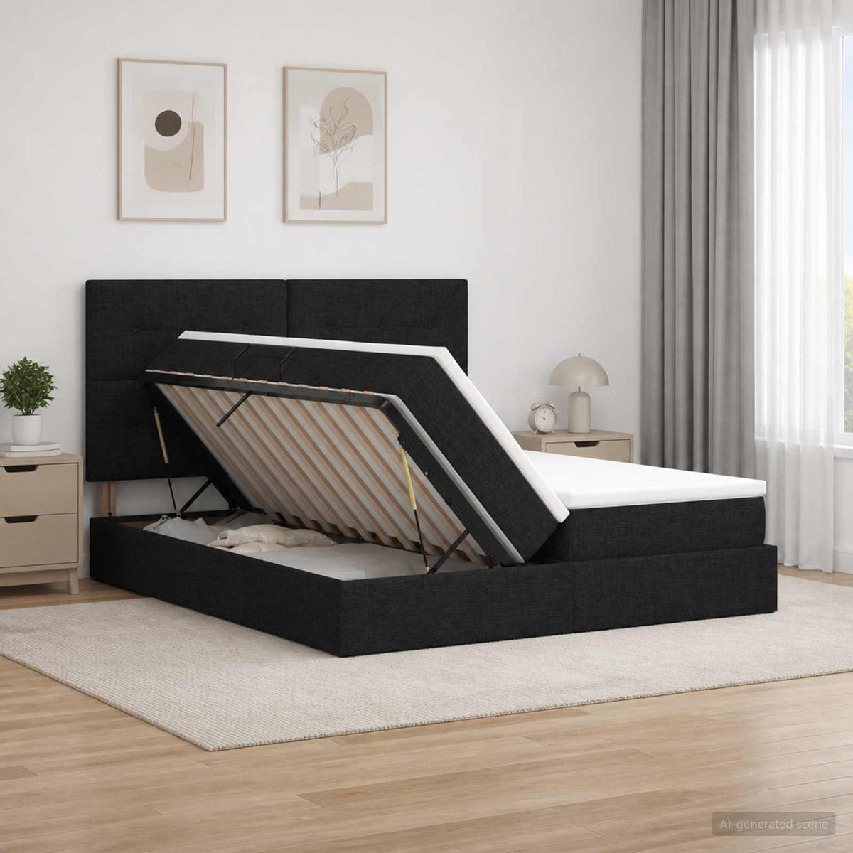 LED opbevarings seng med madras Sort 200 x 200 cm Stof