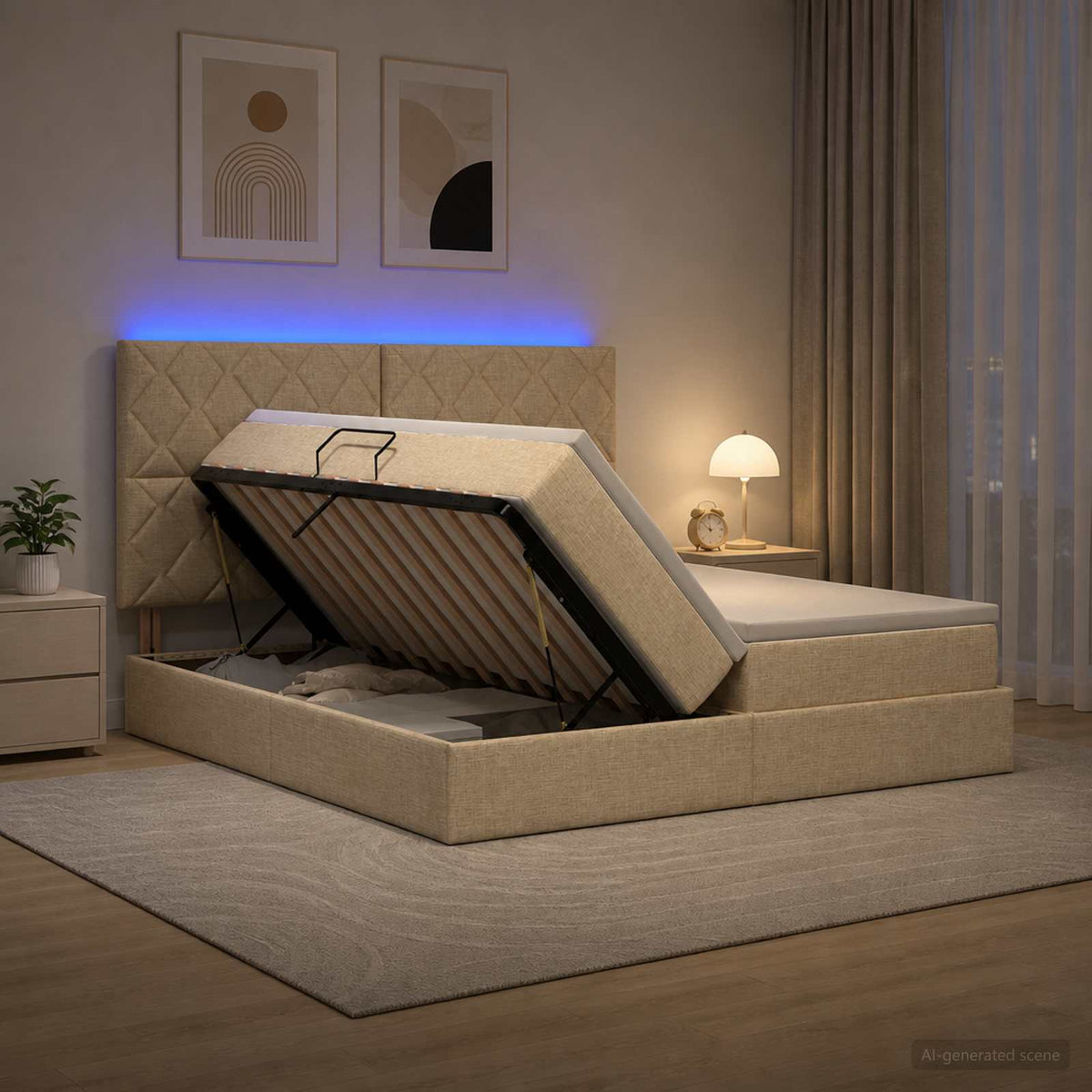 LED opbevarings seng med madras Cremefarvet 200 x 200 cm Stof