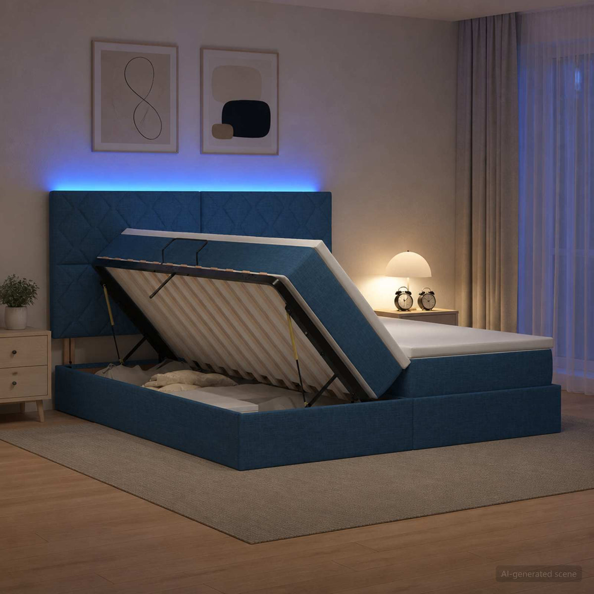 LED opbevarings seng med madras Blå 200 x 200 cm Stof