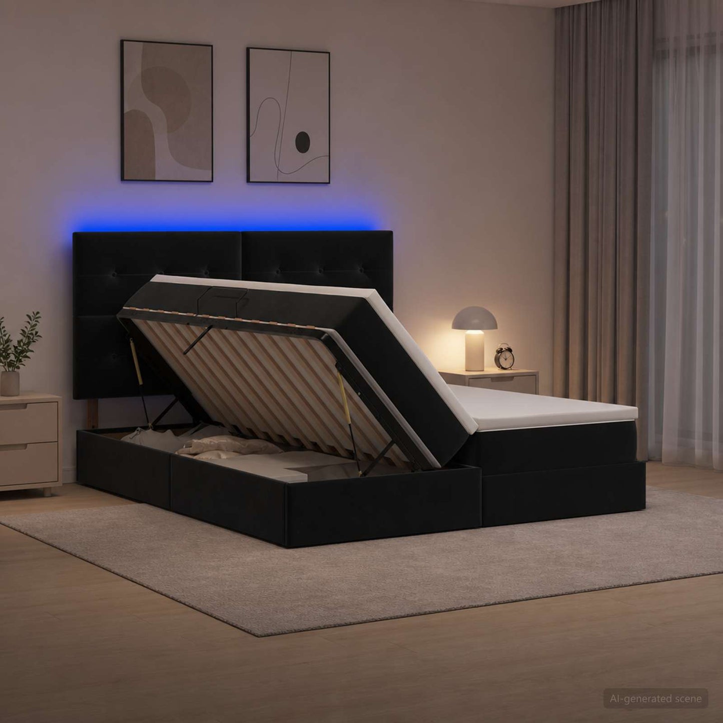 LED opbevarings seng med madras Sort 180 x 200 cm Fløjl
