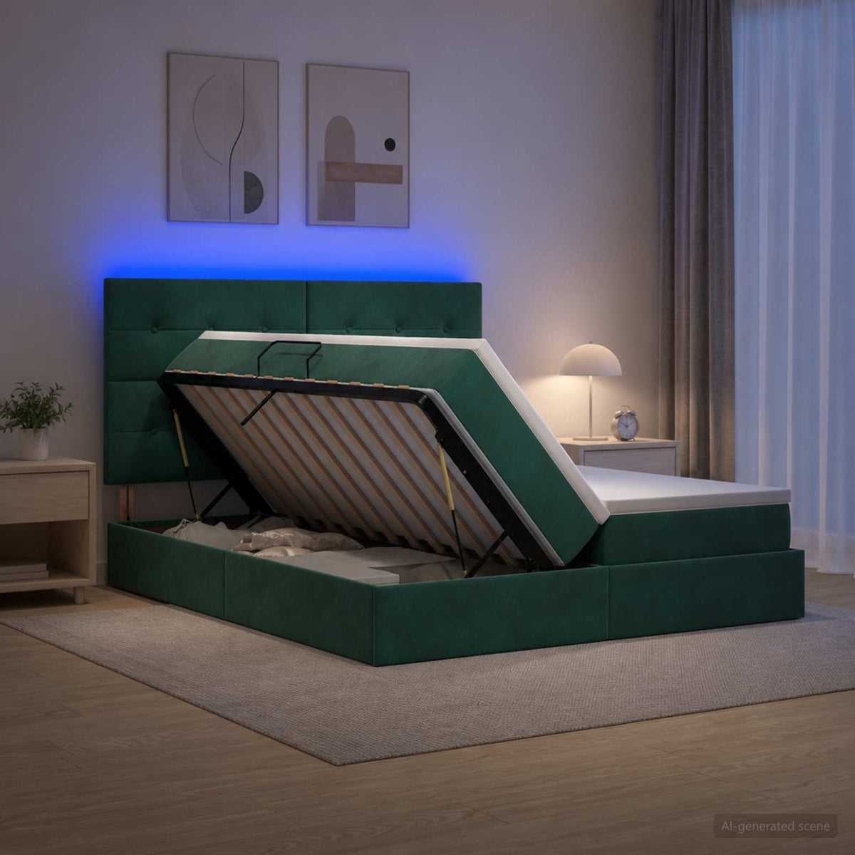 LED opbevarings seng med madras Mørkegrøn 200 x 200 cm Fløjl