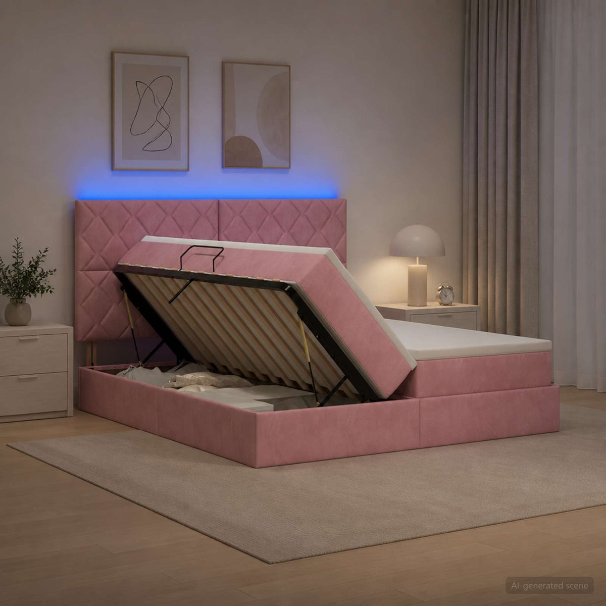LED opbevarings seng med madras Lyserød 180 x 200 cm Fløjl