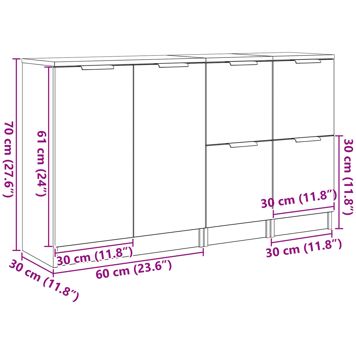 Sideboard 3 stk. Sort eg 120 x 30 x 70 cm Konstrueret træ