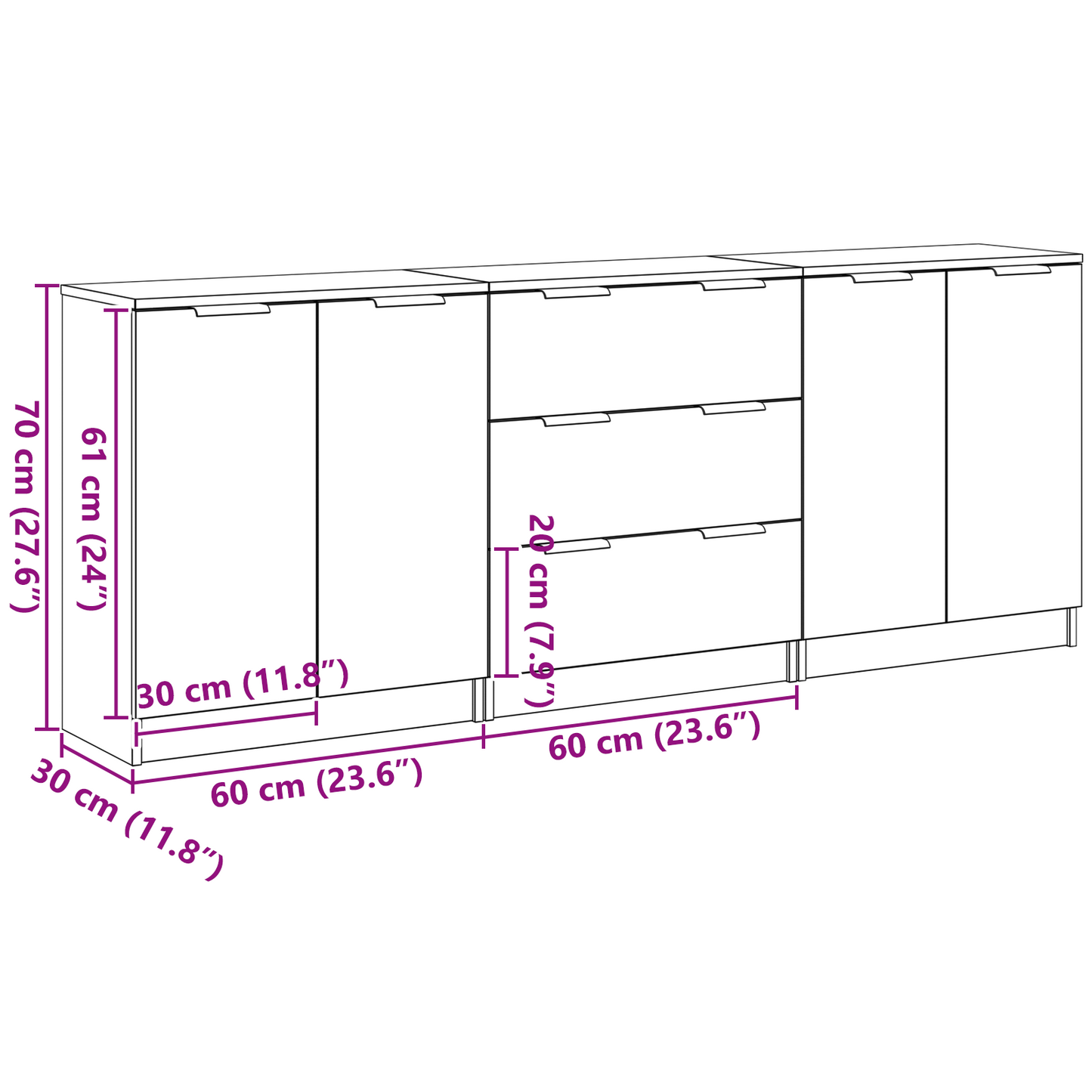 Sideboard 3 stk. Sort eg 180 x 30 x 70 cm Konstrueret træ